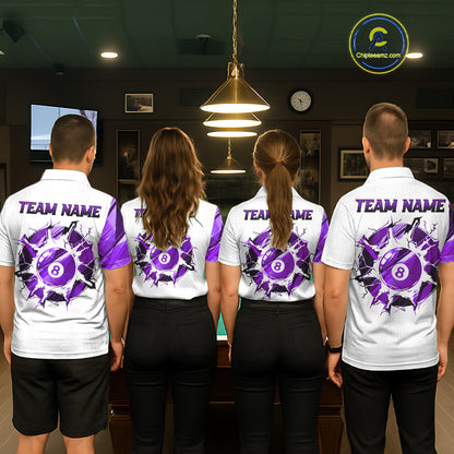 Custom Purple And White 8 Ball Pool Billiard Jersey For Women, Billiard Team Shirts Polo & 1/4 Zip TDM6610