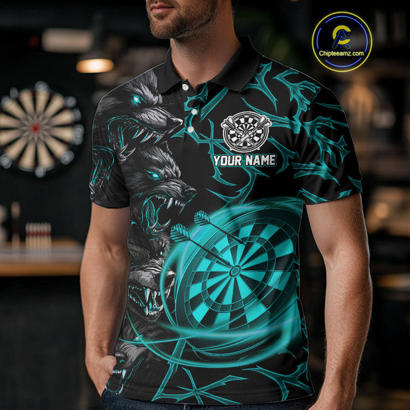 Personalized Wolf Dart Shirts For Men Custom Lights Dartboard Darts Team Jerseys |Turquoise TDM4670