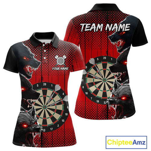 Personalized Red Grunge Wolf Darts Shirt For Women Custom Funny Darts Jersey Team Polo & 1/4 Zip TDM4672