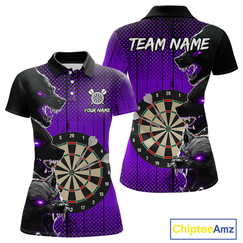 Personalized Purple Grunge Wolf Darts Shirt For Women Custom Funny Darts Jersey Team Polo & 1/4 Zip TDM4673