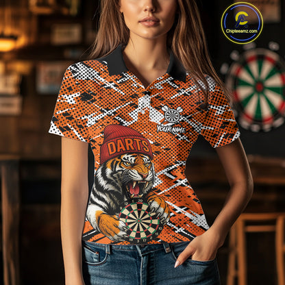 Personalized Orange Black Grunge Tiger Darts Shirt For Women Custom Darts Team Jersey Polo & 1/4 Zip TDM5099