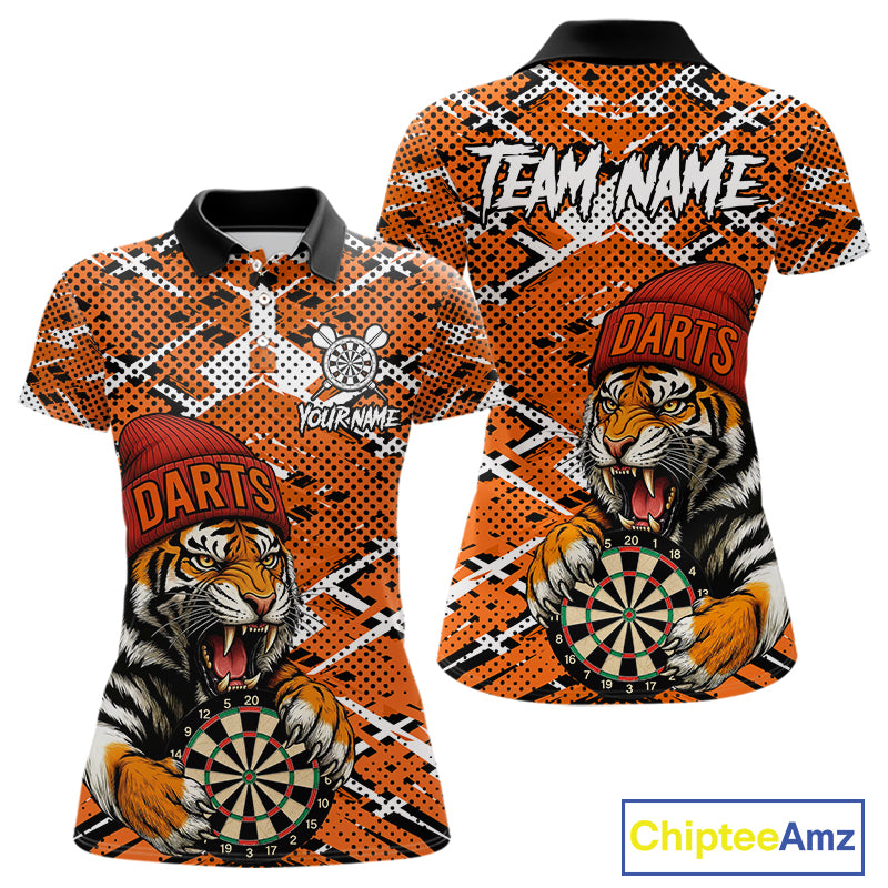 Personalized Orange Black Grunge Tiger Darts Shirt For Women Custom Darts Team Jersey Polo & 1/4 Zip TDM5099