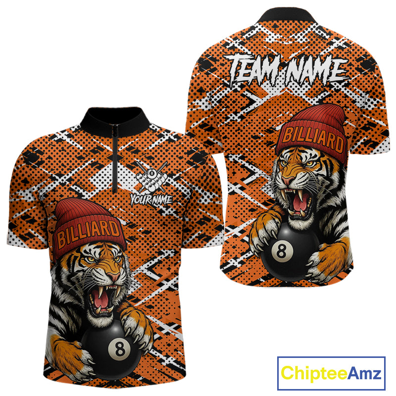 Personalized Orange Black Grunge Tiger Billiard Shirt For Men Custom 8 Ball Pool Team Jersey TDM5100