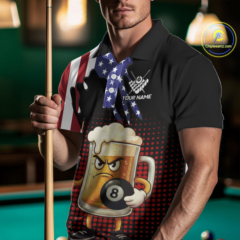 American Flag Funny Beer 8 Ball Billiard Shirt For Men Custom Patriotic Pool Team Jersey TDM5577