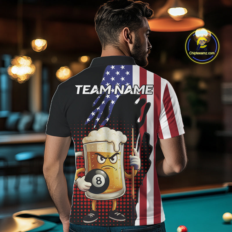 American Flag Funny Beer 8 Ball Billiard Shirt For Men Custom Patriotic Pool Team Jersey TDM5577