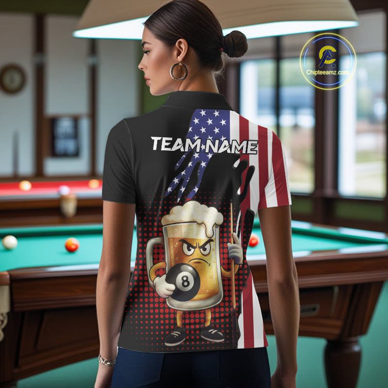 American Flag Funny Beer 8 Ball Billiard Shirt For Women Custom Patriotic Pool Team Jersey TDM5577