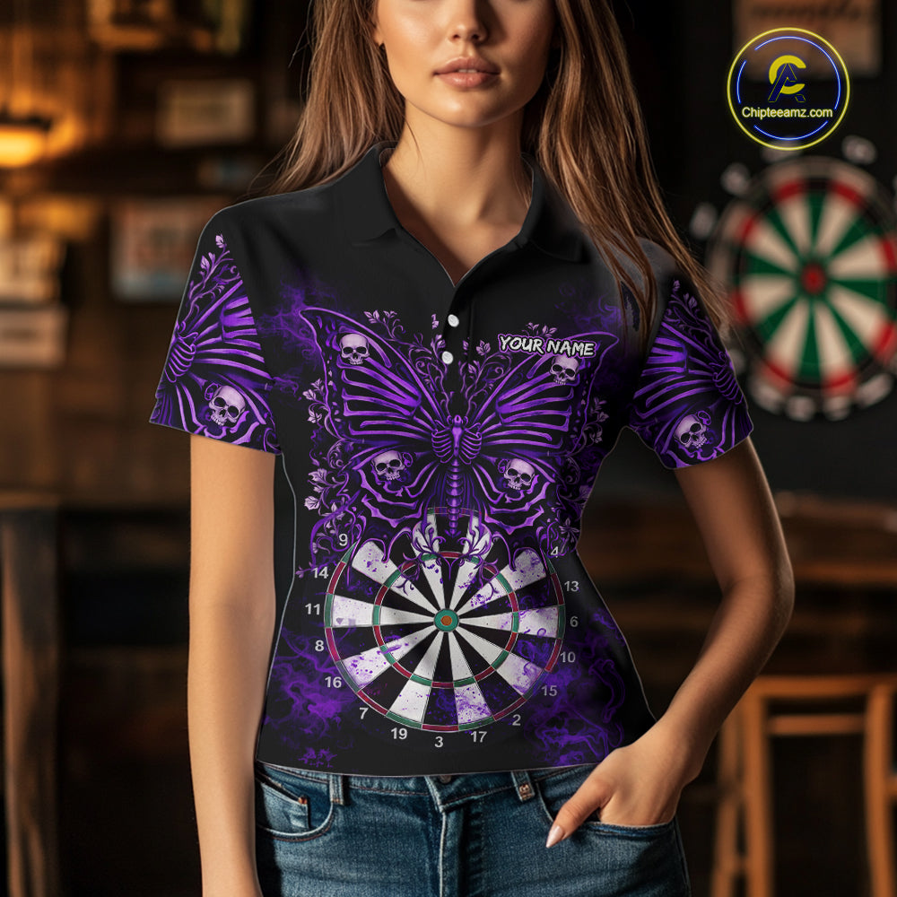 Purple Dartboard Butterfly Skull Darts Shirt For Women Custom Darts Team Jersey Polo & 1/4 Zip TDM5582