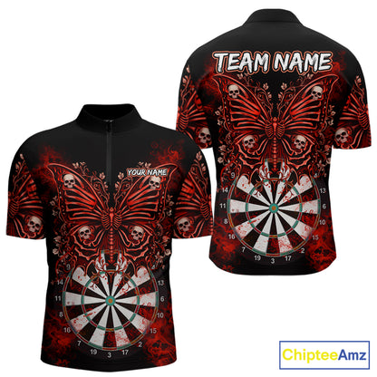Red Dartboard Butterfly Skull Darts Shirt For Men Custom Darts League Team Jersey Polo & 1/4 Zip TDM5583