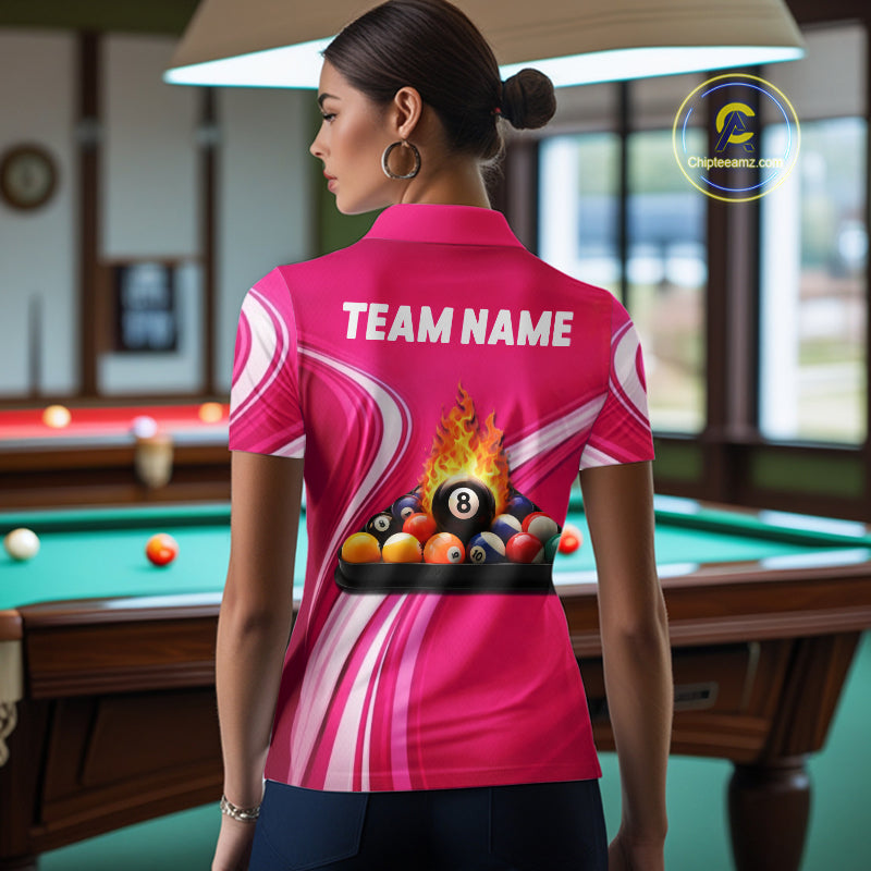Personalized Pink Billiard Jersey For Women Custom Flame 8 Ball Pool Billiard Shirt Polo & 1/4 Zip TDM5814