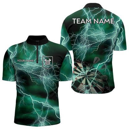 Black Turquoise Thunder Lightning Dart Shirt With Pocket For Men Custom Dart Jersey TDM3802