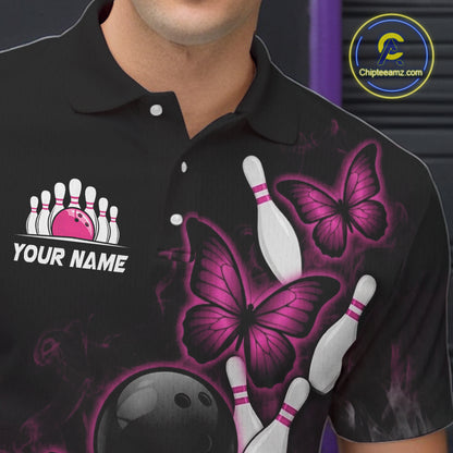 Pink Black Custom Butterfly Bowling Shirt For Men, Smoke Bowling Team Jersey Polo & 1/4 Zip Shirt TDM6423
