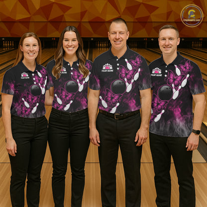 Pink Black Custom Butterfly Bowling Shirt For Men, Smoke Bowling Team Jersey Polo & 1/4 Zip Shirt TDM6423