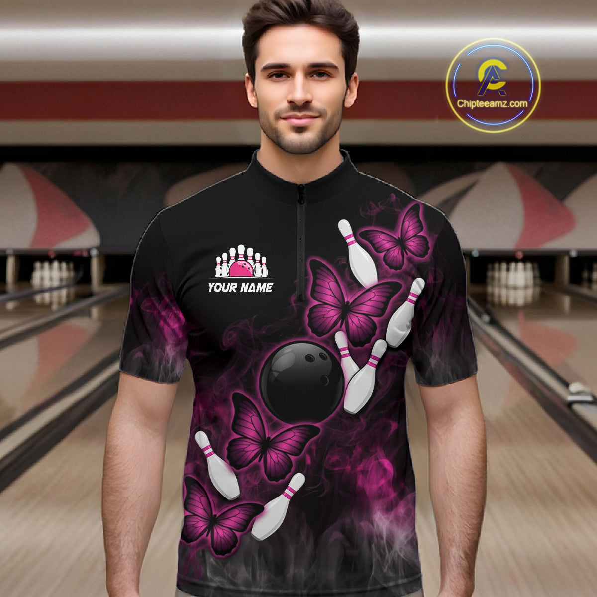 Pink Black Custom Butterfly Bowling Shirt For Men, Smoke Bowling Team Jersey Polo & 1/4 Zip Shirt TDM6423