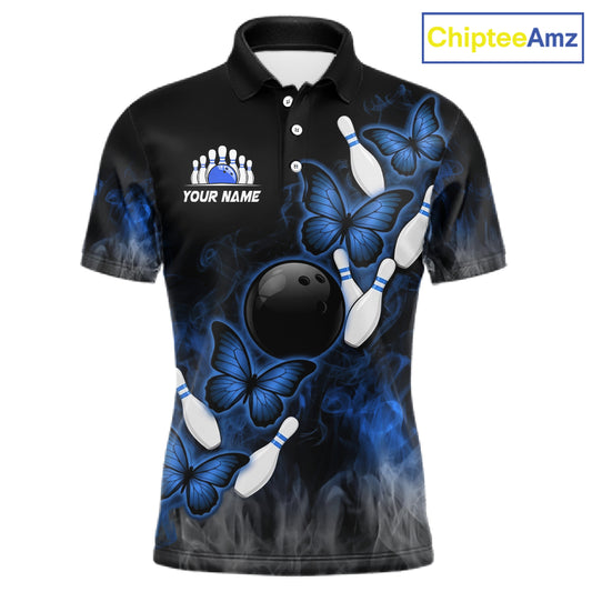 Black And Blue Custom Butterfly Bowling Shirt For Men, Smoke Bowling Team Jersey Polo & 1/4 Zip TDM6424