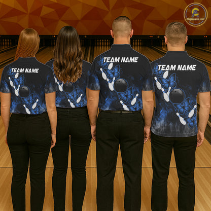 Black And Blue Custom Butterfly Bowling Shirt For Men, Smoke Bowling Team Jersey Polo & 1/4 Zip TDM6424