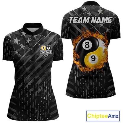 Black billiard quarter zip shirt for women with distressed silver star background, featuring a flaming yin-yang 8-ball and 9-ball graphic on the back, customizable "Team Name" text, and personalized "Your Name" detail on the front chest.