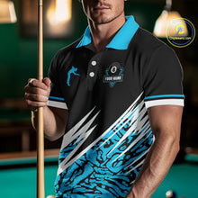 Load image into Gallery viewer, Personalized 8 Ball Billiard Jersey For Men Custom Black &amp; Cyan Blue Pool Team Shirt Polo, 1/4 Zip TDM5107