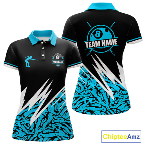 Personalized 8 Ball Billiard Jersey For Women Custom Black & Cyan Blue Pool Team Shirt Polo, 1/4 Zip TDM5107