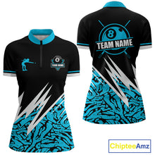 Load image into Gallery viewer, Personalized 8 Ball Billiard Jersey For Women Custom Black &amp; Cyan Blue Pool Team Shirt Polo, 1/4 Zip TDM5107