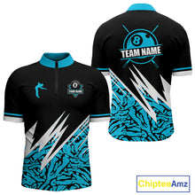 Load image into Gallery viewer, Personalized 8 Ball Billiard Jersey For Men Custom Black &amp; Cyan Blue Pool Team Shirt Polo, 1/4 Zip TDM5107