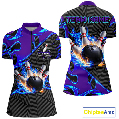 Custom Blue Purple Bowling Jersey For Women, Bowling Tournament Team Shirt Polo & Quarter Zip TDM5826