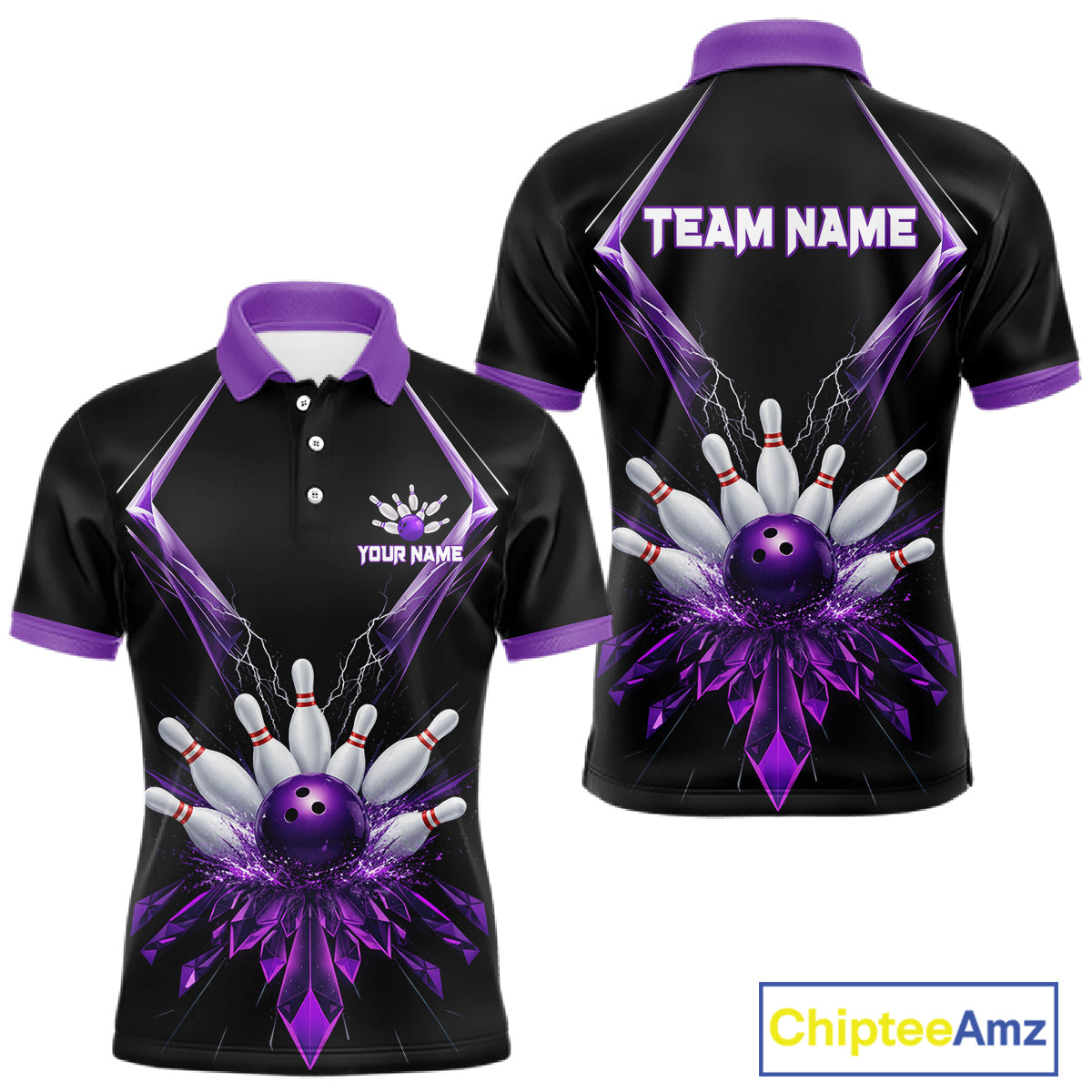 Custom Purple Bowling Jersey For Men, Crystal Lightning Bowling League Shirt Team Polo & 1/4 Zip TDM6428