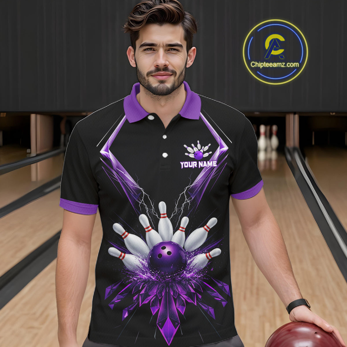 Custom Purple Bowling Jersey For Men, Crystal Lightning Bowling League Shirt Team Polo & 1/4 Zip TDM6428