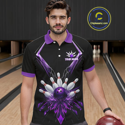 Custom Purple Bowling Jersey For Men, Crystal Lightning Bowling League Shirt Team Polo & 1/4 Zip TDM6428