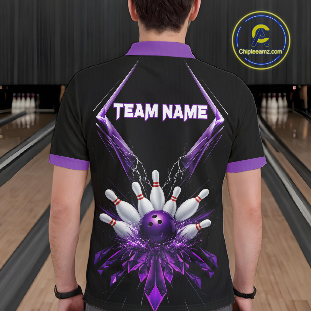 Custom Purple Bowling Jersey For Men, Crystal Lightning Bowling League Shirt Team Polo & 1/4 Zip TDM6428