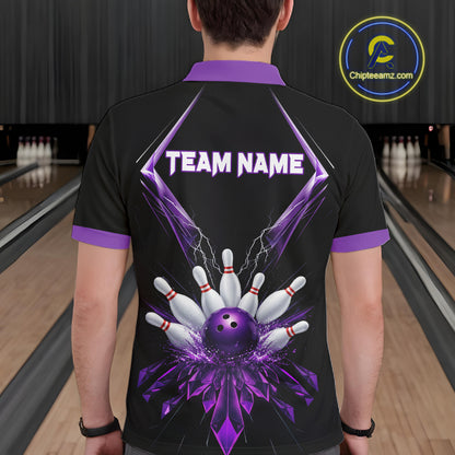 Custom Purple Bowling Jersey For Men, Crystal Lightning Bowling League Shirt Team Polo & 1/4 Zip TDM6428