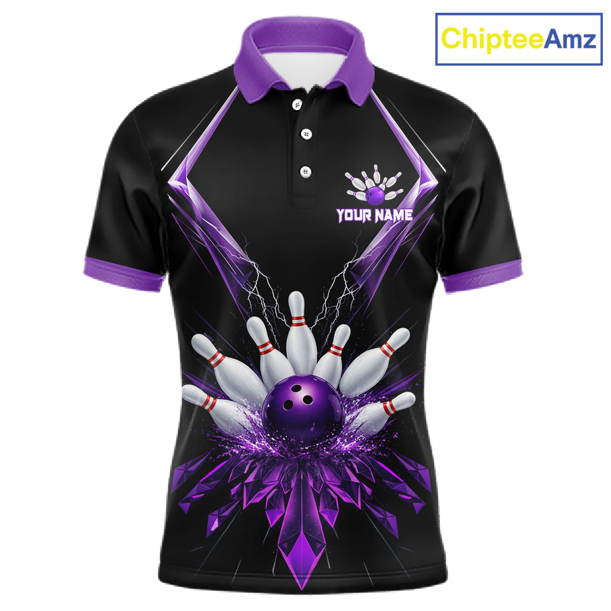 Custom Purple Bowling Jersey For Men, Crystal Lightning Bowling League Shirt Team Polo & 1/4 Zip TDM6428