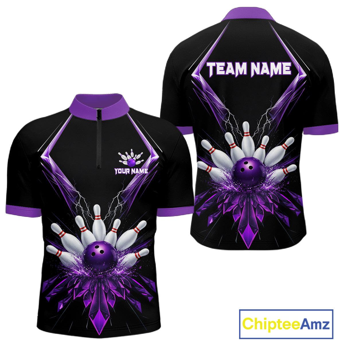 Custom Purple Bowling Jersey For Men, Crystal Lightning Bowling League Shirt Team Polo & 1/4 Zip TDM6428