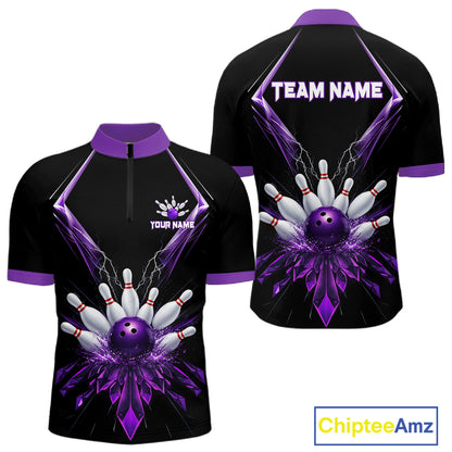 Custom Purple Bowling Jersey For Men, Crystal Lightning Bowling League Shirt Team Polo & 1/4 Zip TDM6428