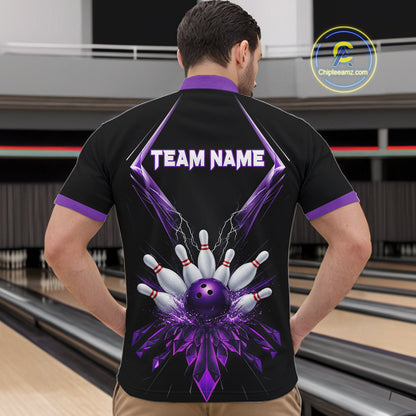 Custom Purple Bowling Jersey For Men, Crystal Lightning Bowling League Shirt Team Polo & 1/4 Zip TDM6428