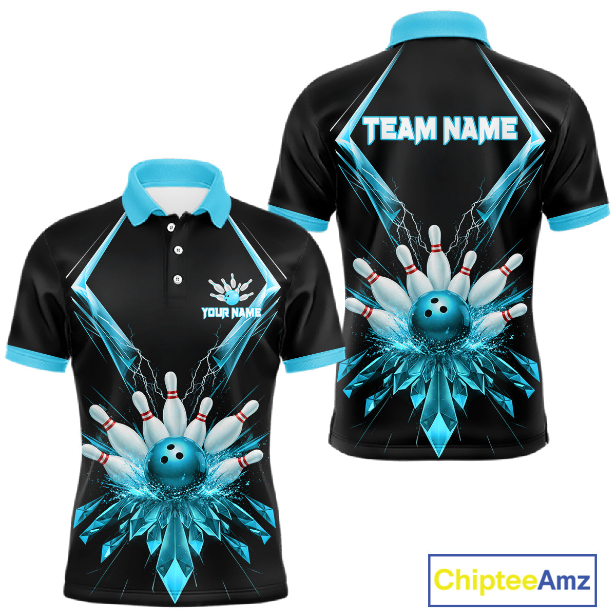 Custom Blue Bowling Jersey For Men, Crystal Lightning Bowling League Shirt Team Polo & 1/4 Zip TDM6429