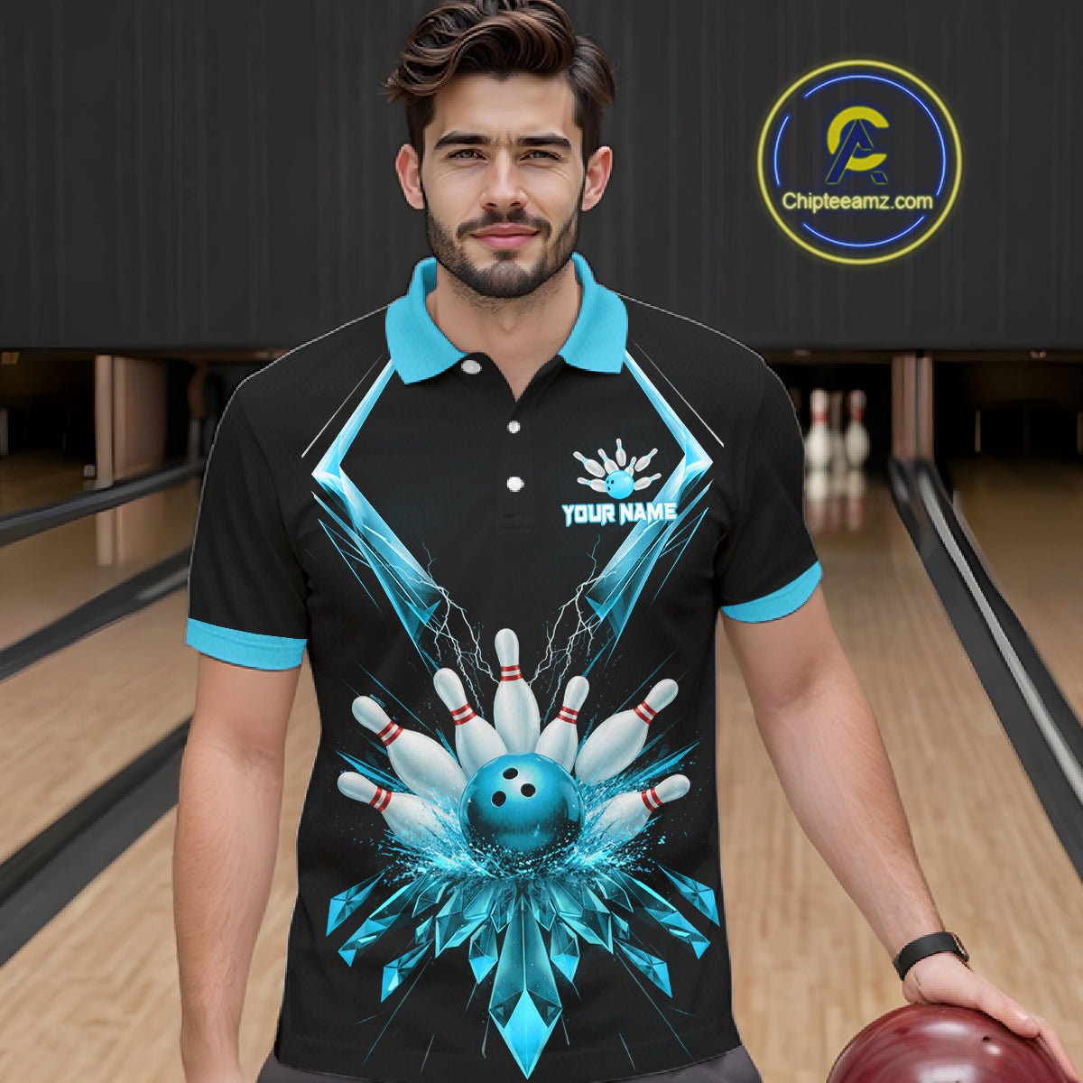 Custom Blue Bowling Jersey For Men, Crystal Lightning Bowling League Shirt Team Polo & 1/4 Zip TDM6429