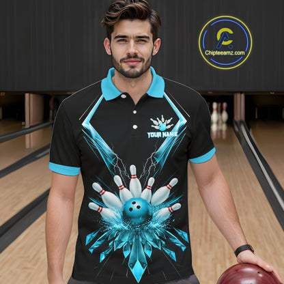 Custom Blue Bowling Jersey For Men, Crystal Lightning Bowling League Shirt Team Polo & 1/4 Zip TDM6429