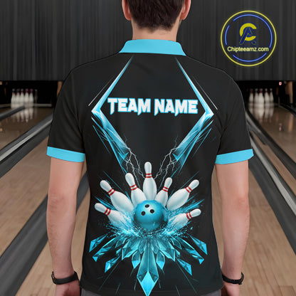 Custom Blue Bowling Jersey For Men, Crystal Lightning Bowling League Shirt Team Polo & 1/4 Zip TDM6429