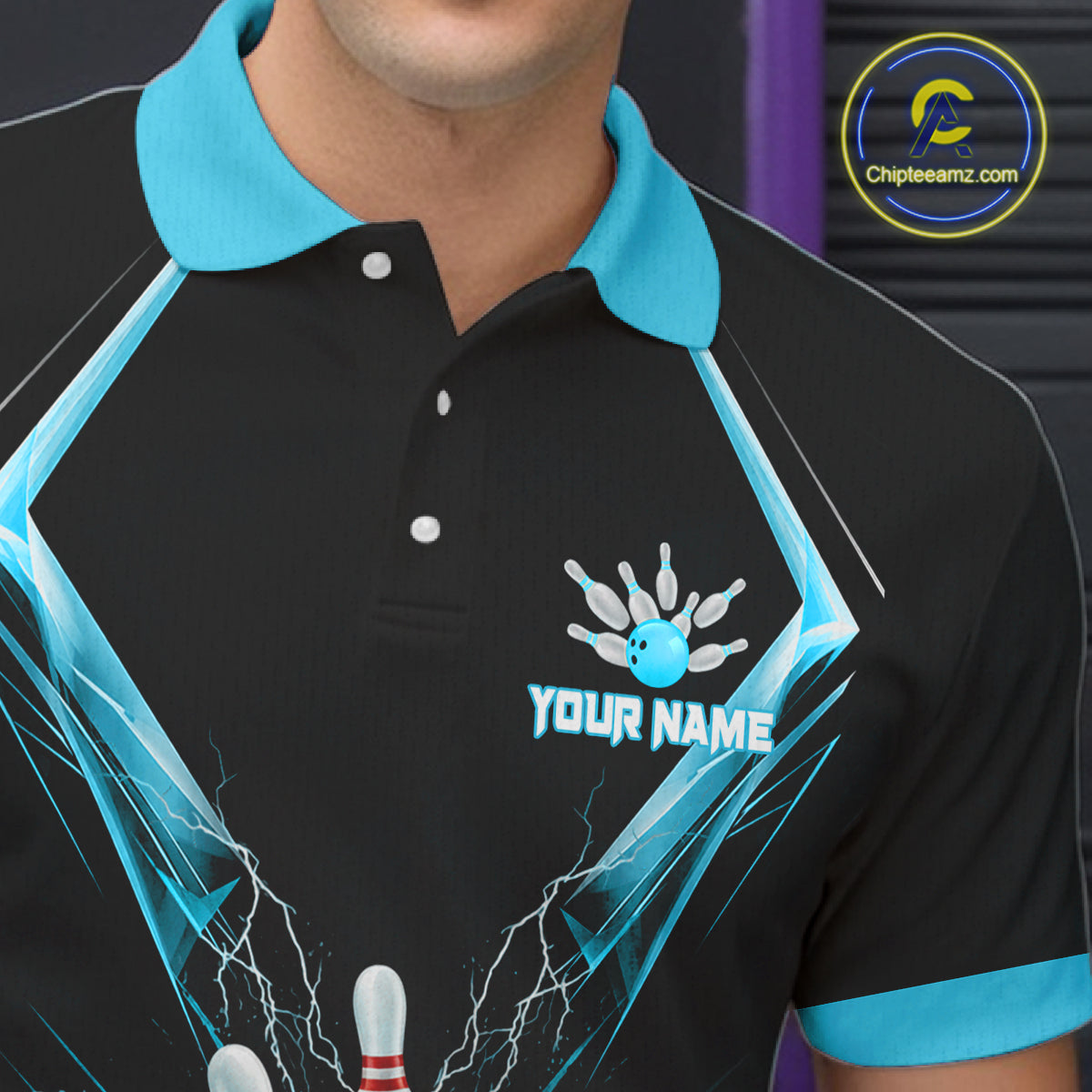 Custom Blue Bowling Jersey For Men, Crystal Lightning Bowling League Shirt Team Polo & 1/4 Zip TDM6429
