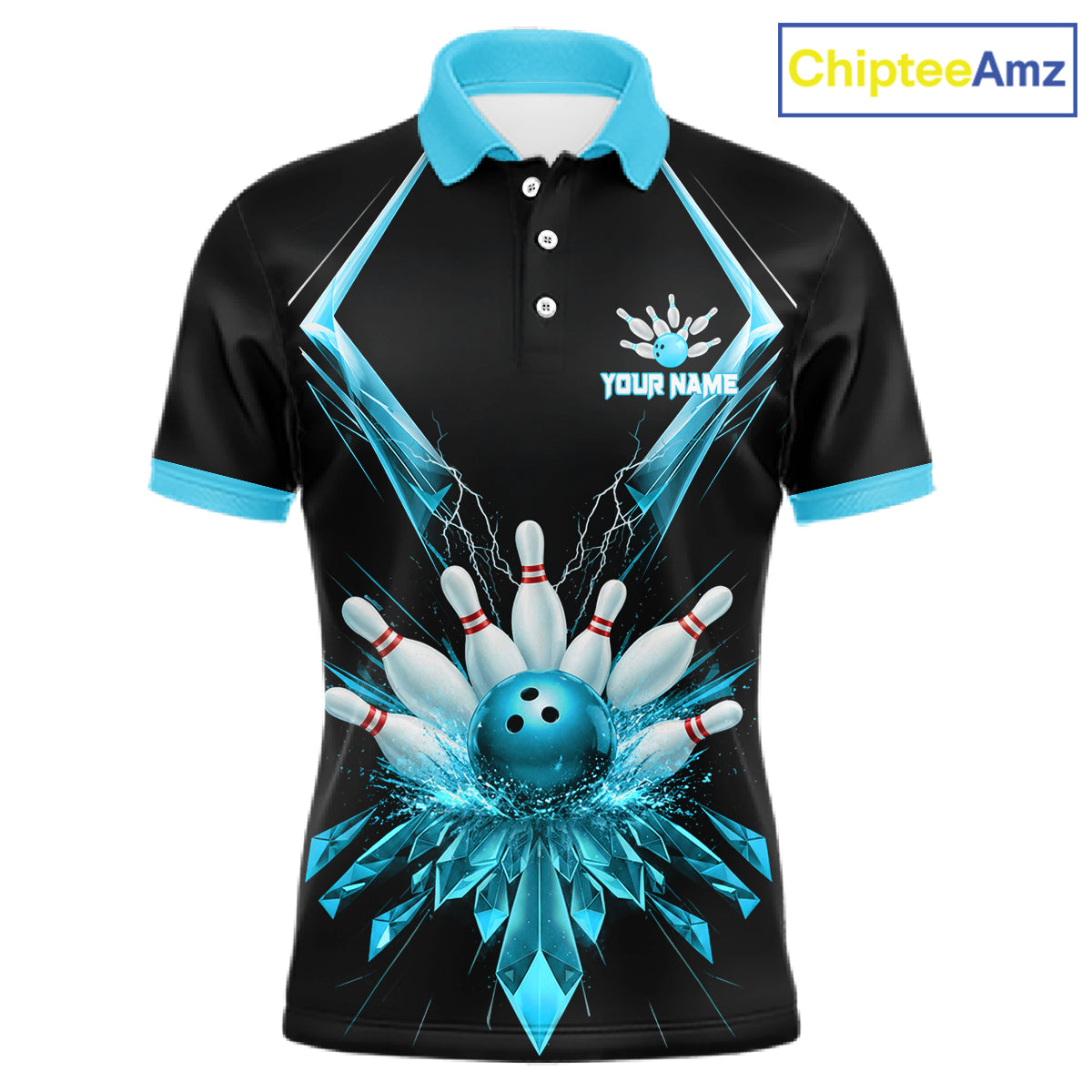 Custom Blue Bowling Jersey For Men, Crystal Lightning Bowling League Shirt Team Polo & 1/4 Zip TDM6429