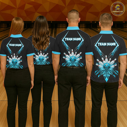 Custom Blue Bowling Jersey For Women, Crystal Lighting Bowling League Shirt Team Polo & 1/4 Zip TDM6429