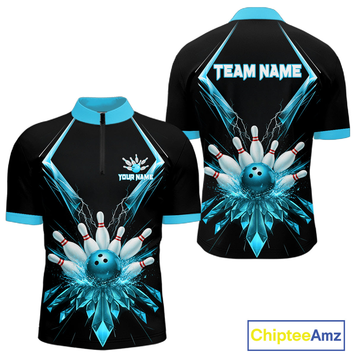 Custom Blue Bowling Jersey For Men, Crystal Lightning Bowling League Shirt Team Polo & 1/4 Zip TDM6429