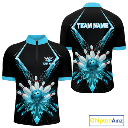 Custom Blue Bowling Jersey For Men, Crystal Lightning Bowling League Shirt Team Polo & 1/4 Zip TDM6429