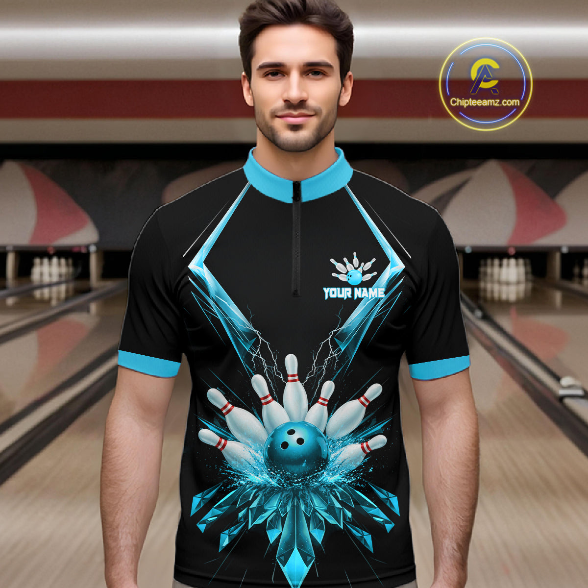 Custom Blue Bowling Jersey For Men, Crystal Lightning Bowling League Shirt Team Polo & 1/4 Zip TDM6429