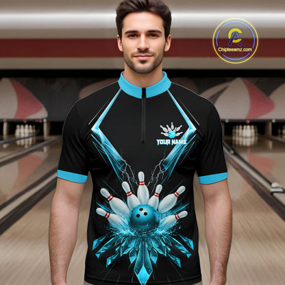 Custom Blue Bowling Jersey For Men, Crystal Lightning Bowling League Shirt Team Polo & 1/4 Zip TDM6429