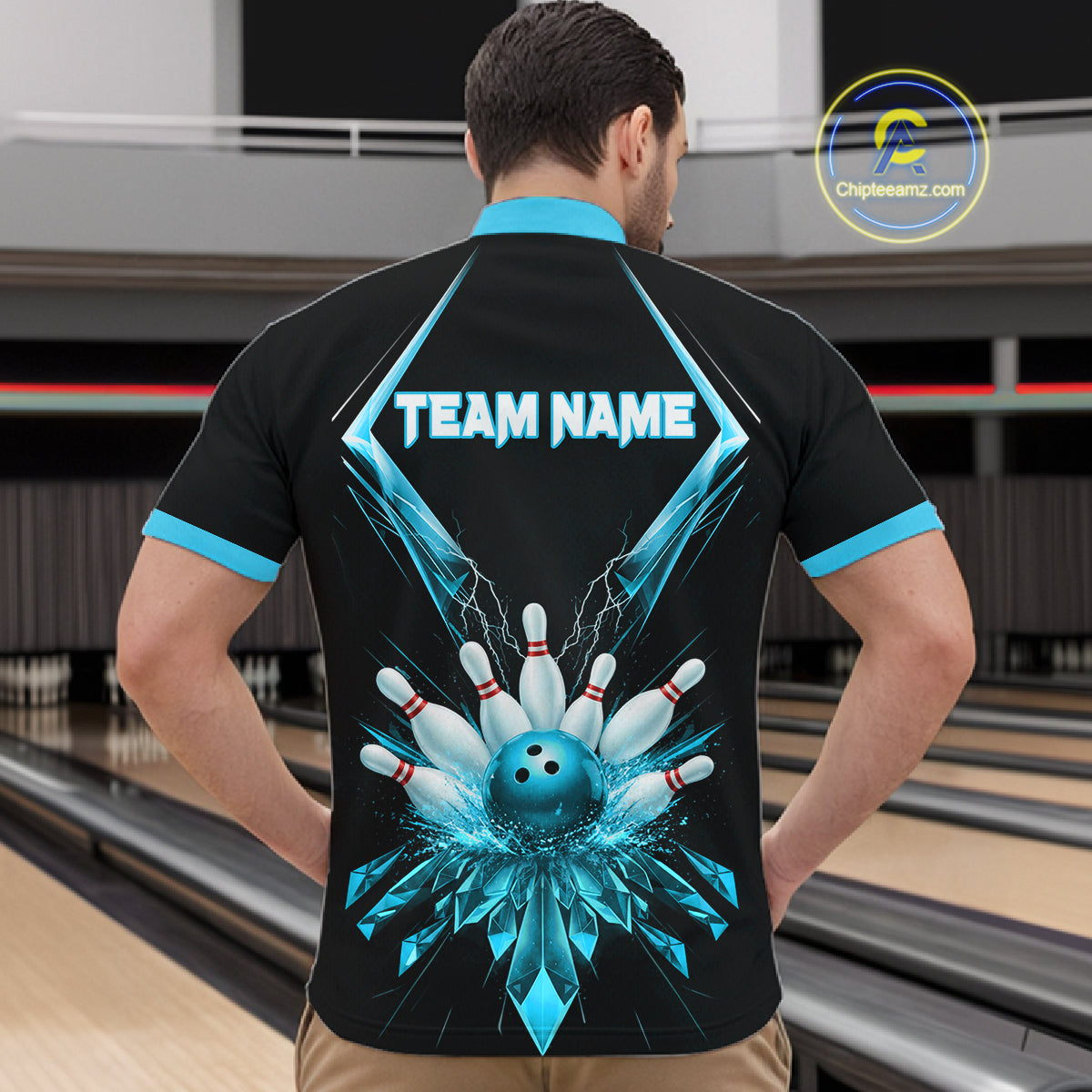 Custom Blue Bowling Jersey For Men, Crystal Lightning Bowling League Shirt Team Polo & 1/4 Zip TDM6429