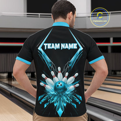 Custom Blue Bowling Jersey For Men, Crystal Lightning Bowling League Shirt Team Polo & 1/4 Zip TDM6429