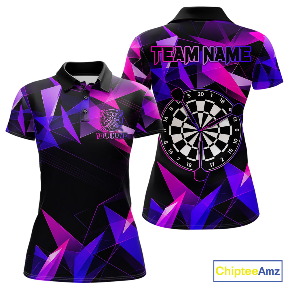Pink and purple darts polo shirt with geometric design and dartboard, customizable name and team name