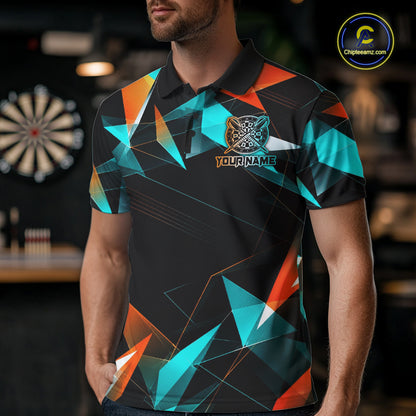 Custom Darts Shirts For Men, Orange And Turquoise Geometric Darts Team Jersey Polo & Quarter Zip TDM6629