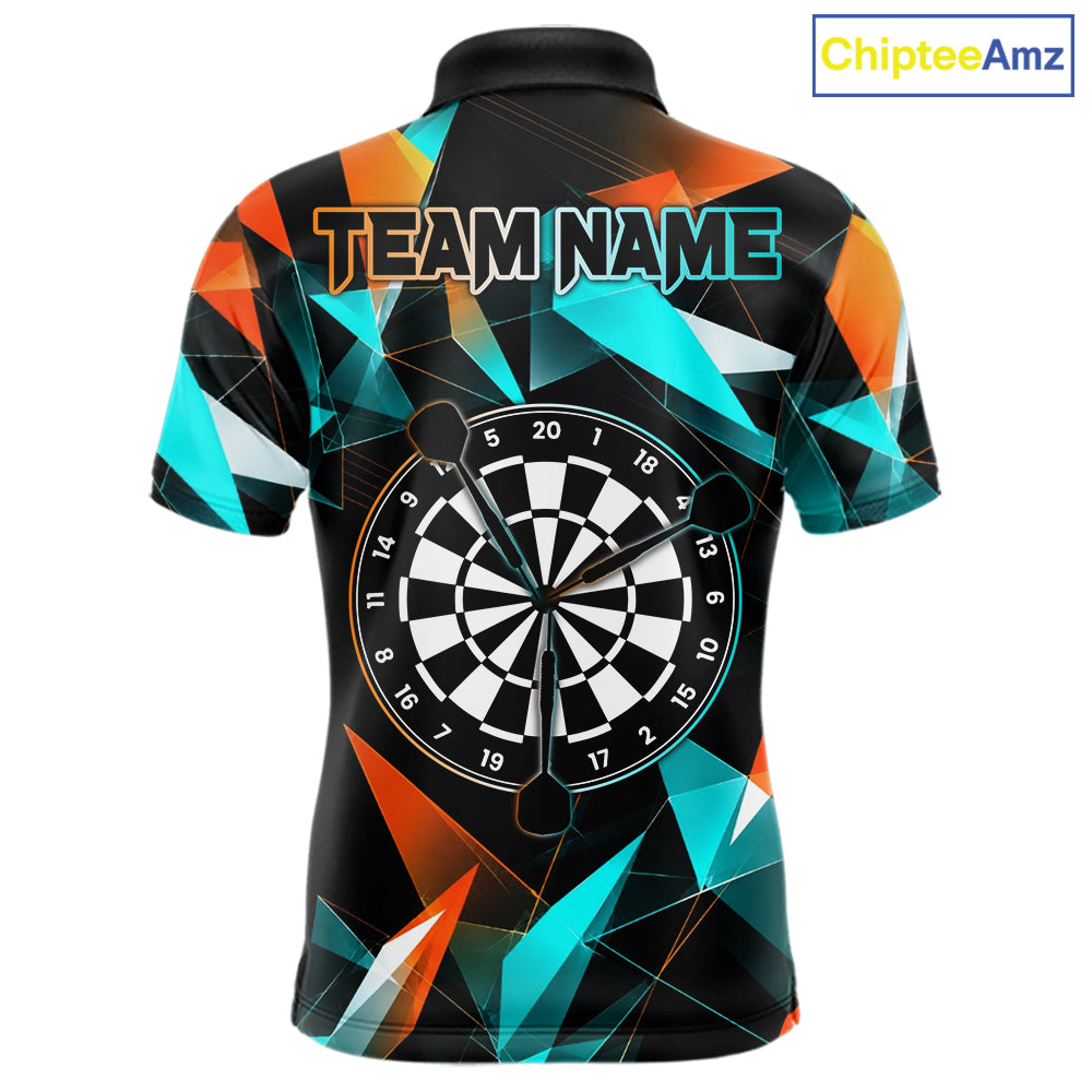 Orange and turquoise darts polo shirt with geometric design and dartboard, customizable name and team name